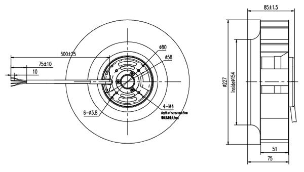 DC離心風(fēng)機225mm外形尺寸圖
